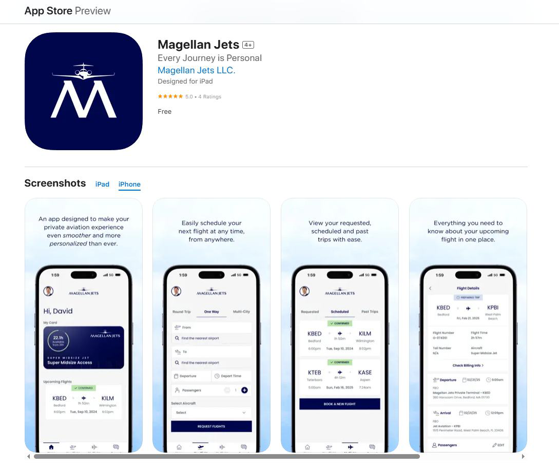 Magellan Jets private client app, live on the App Store