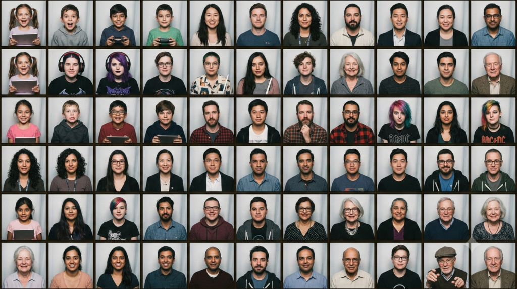 grid of photbooth photos of people different ages and ethnicity