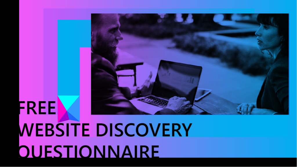 purple blue banner with inserted photo of two people talking next to laptop computer