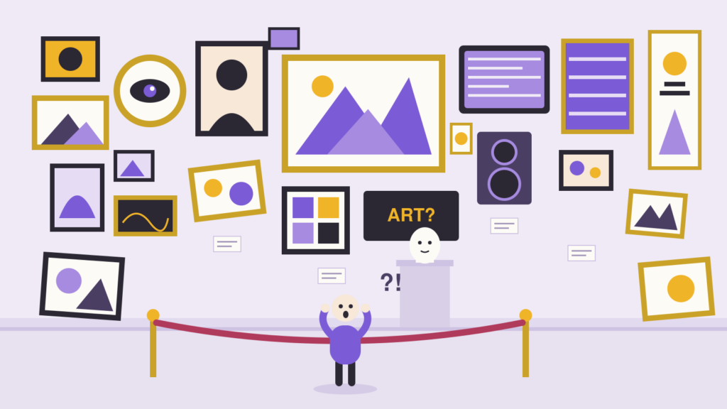 illustrated messed museum wall with frustrated visitor