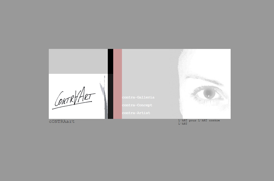 Screenshot of CONTRAart, Katarina Kaplarski's first personal website from 2004 — minimalist monochrome design with a close-up of an eye