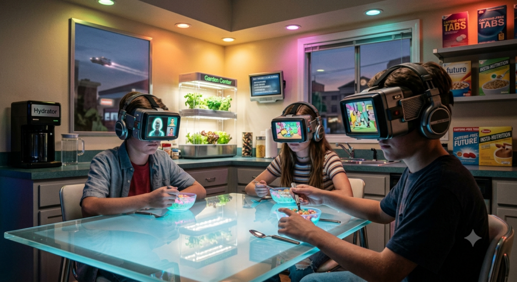 Children wearing HMDs while eating inspired by BTTF2