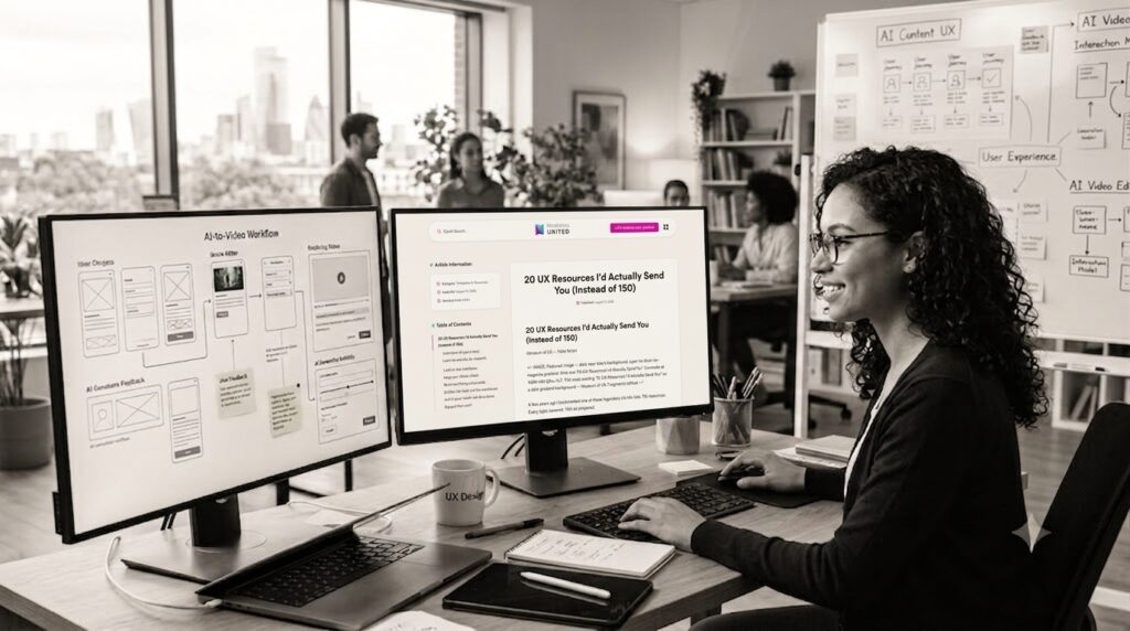 Female UX designer sitting at a desk with dual monitors displaying workflow diagrams and the Fragments United website, presented in black and white with color on the right display.
