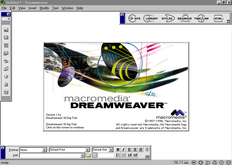 Macromedia Dreamweaver 1.2 splash screen from 1998, showing the classic swirling Macromedia artwork