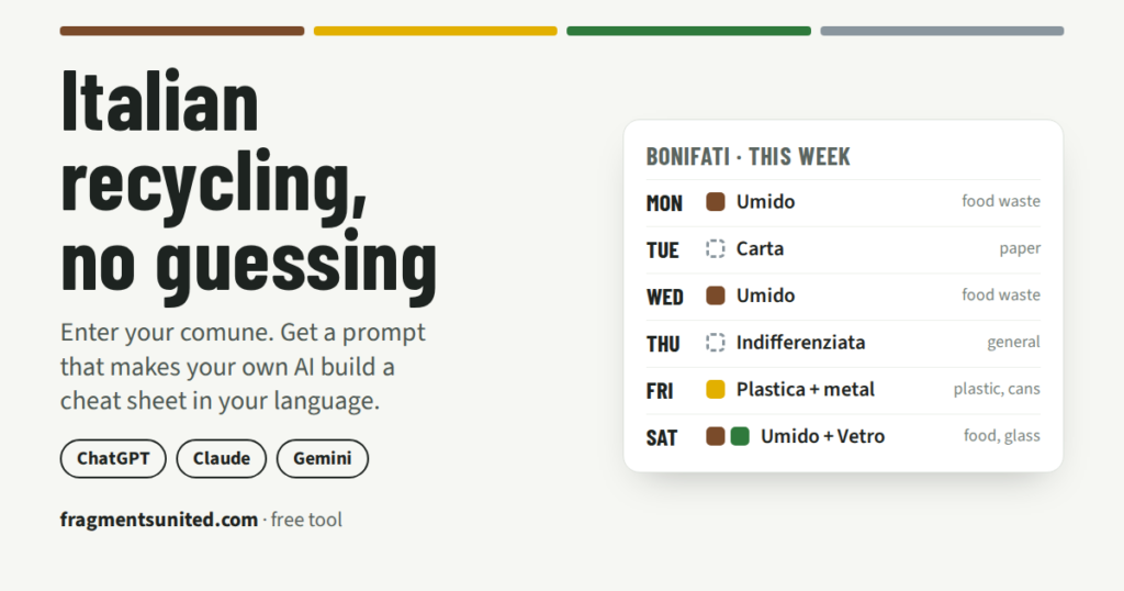 Differenziata Prompt, a free tool for recycling in Italy, with a sample weekly waste schedule
